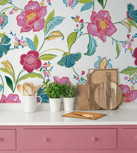 Vista 6 de NextWall Papel tapiz autoadhesivo con diseño floral (magenta y blanquecino)