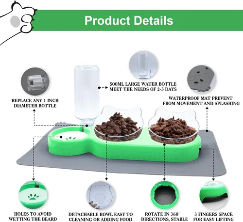 Vista 2 de Cuencos triples para gatos con dispensador de agua, juego de cuencos para agua y alimentos para mascotas con alfombrilla antideslizante, cuencos