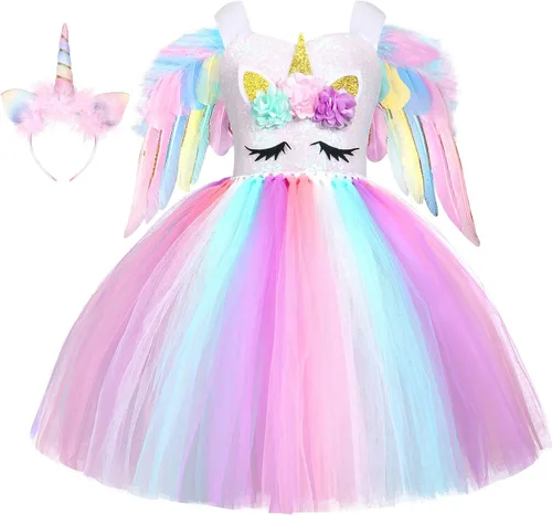 Vista 2 de GC Disfraz de unicornio para niñas vestido de tutú de arco iris con diadema atuendo de princesa para fiesta de cumpleaños Arcoiris Rainbow