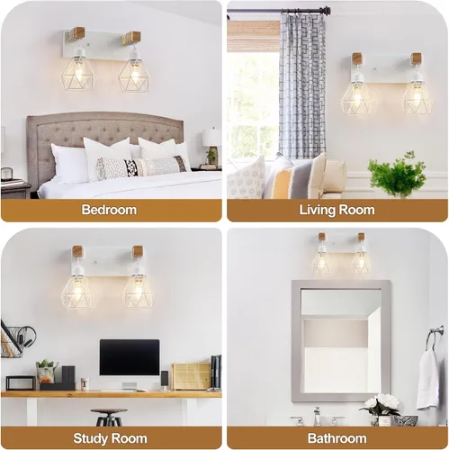 Vista 6 de Lámparas blancas para tocador de baño, luminarias de baño de madera de 2 luces sobre el espejo, apliques rústicos de pared con elegante pantalla