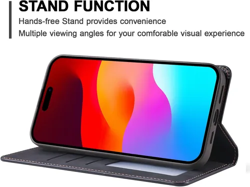 Vista 3 de QLTYPRI Funda tipo cartera para iPhone Air, 3 tarjeteros, color negro Funda de piel sintética de alta calidad, cierre magnético, soporte