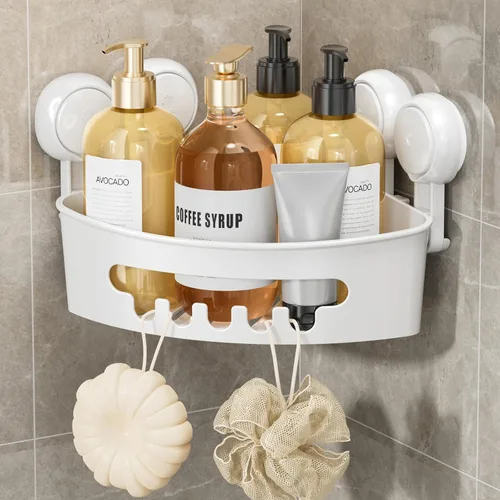 Vista 15 de LEVERLOC Organizador esquinero para ducha con ventosa, cesta de ducha potente con ventosa, organizador impermeable y resistente al óxido