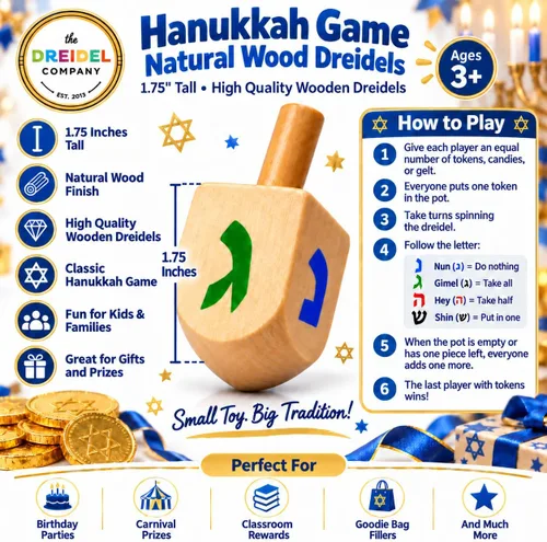 Vista 3 de Paquete de 10 Dreidels Hanukkah Draydel de madera natural con tarjetas de transliteración e instrucciones en inglés