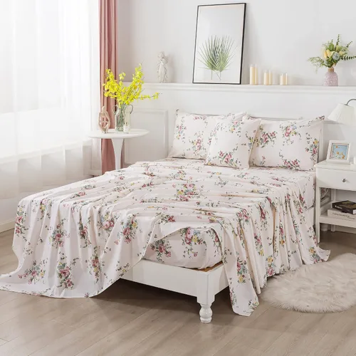 Vista 7 de FADFAY Juego de sábanas con diseño floral de rosas rosas dulces, tamaño King, romántico, de algodón súper suave con bolsillo profundo, 4 piezas