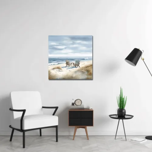 Vista 2 de LZIMU Arte de pared costero, silla de playa junto al mar, impresión en lienzo, pintura relajante de paisaje marino, arte de orilla relajante azul
