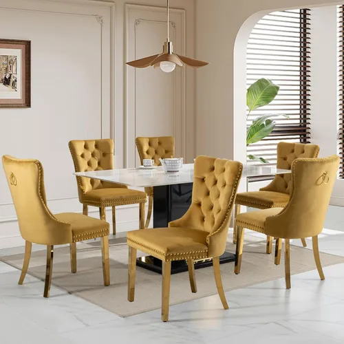Vista 39 de SoarFlash Juego de 2 sillas de comedor de terciopelo, silla lateral de respaldo alto, silla lateral moderna tapizada de alta gama con botones Beige