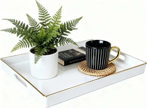 Vista 12 de Bandeja Decorativa, Bandeja Rectangular de Plástico con Asas, Moderna Bandeja de Tocador y Bandeja para Servir para Baño, Cocina, Otomana y Mesa