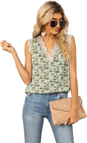 Vista 259 de VIISHOW - Camiseta sin mangas, sexy, con cuello en V y bordes de encaje para mujer, camisola de vestir, camisas de gasa, sin mangas, casuales