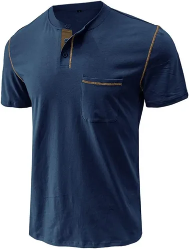 Vista 3 de Aulemen Camisas Henley de manga corta para hombre, estilo casual, ligeras, ajustadas, con botones, básicas, con bolsillo