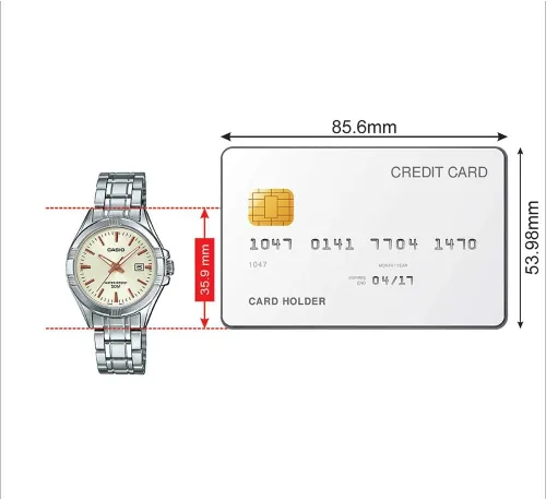 Vista 6 de Casio LTP1308D-9AV Reloj analógico de acero inoxidable con esfera champán con fecha y fecha para mujer, plateado, Casual
