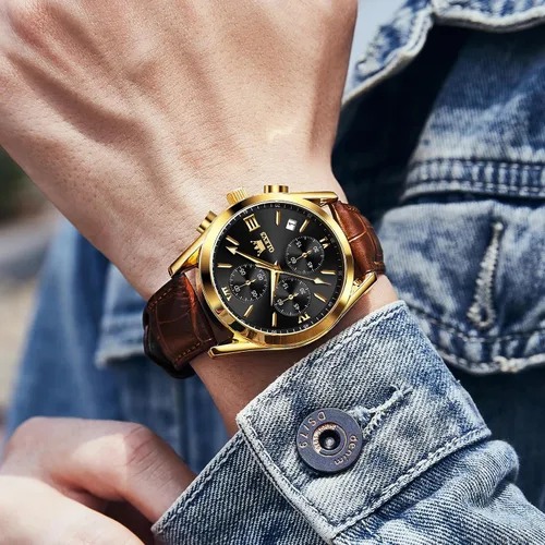 Vista 2 de OLEVS Reloj cronógrafo para hombre, reloj de pulsera analógico de cuarzo con correa de cuero para hombre (azulblanconegrodorado)