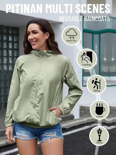 Vista 3 de PITINAN Chaqueta impermeable ligera para mujer, rompevientos con capucha, plegable, para mujer, para exteriores, con bolsillos