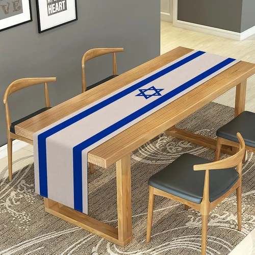 Vista 4 de Camino de mesa de lino con bandera de Israel, decoración de mesa judía para Pascua, Rosh Hashaná, Sucot, Sukkah, cocina, comedor, decoración