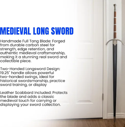 Vista 3 de SZCO Gran espada de 63 pulgadas, espada larga medieval de acero al carbono con dos manos con vaina de cuero, hoja hecha a mano de 43 pulgadas
