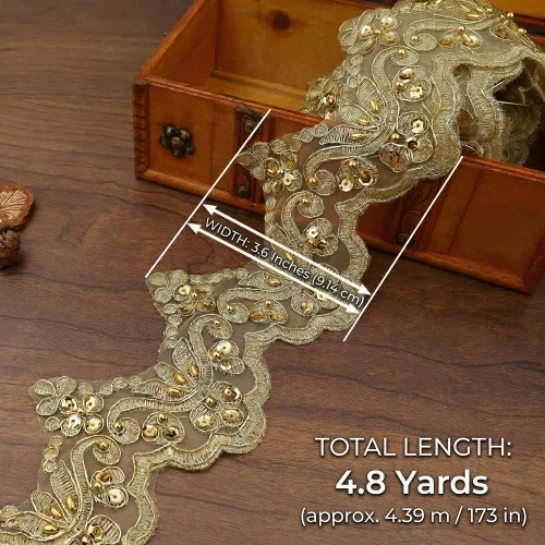 Vista 3 de IDONGCAI Cinta metálica de lentejuelas 3D con ribete de encaje dorado vintage para alteraciones de vestidos de novia, manualidades de cabaña