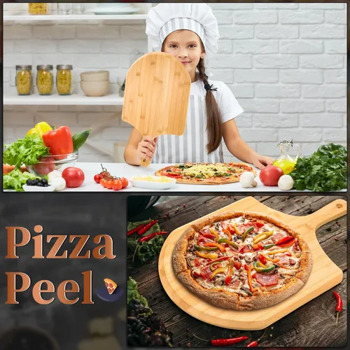 Vista 6 de Gerrii 9 piezas de madera para pizza de 15.75 pulgadas, tabla de cortar de bambú para tarta, espátula de paleta con mango para hornear, horno