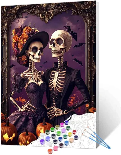 Vista 8 de Tucocoo Decoración del Día de los Muertos, pintura por números, esqueleto para parejas, pintura por números sobre lienzo con pinceles y pigmento