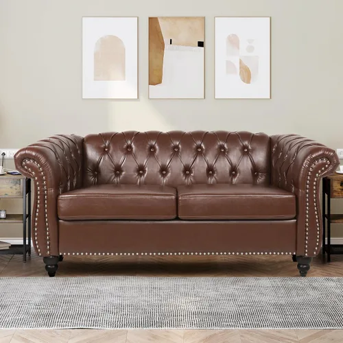 Vista 13 de Sofá moderno de 3 plazas, muebles de sofá grande, con brazo enrollable, sofá Chesterfield clásico copetudo de cuero con respaldo de asiento copetudo
