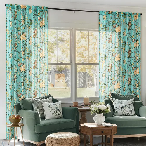 Vista 9 de Cortinas de lino de pájaro floral azul 2 paneles de 72 pulgadas de largo Aqua Blue