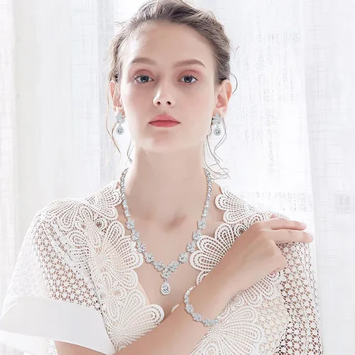 Vista 6 de Hadskiss Juego de joyas para mujer collar y aretes colgantes juego de joyas chapadas en oro blanco con circonita cúbica AAA blanca sin alergias