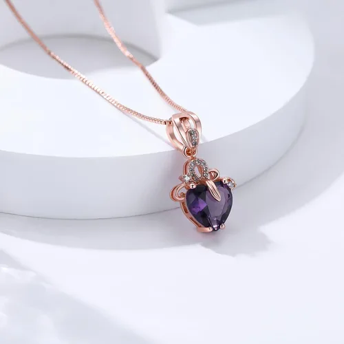 Vista 2 de AILUOR Elegante collar con colgante de amatista en forma de corazón, moda de lujo, oro rosa de 18 quilates, corazón de amor, joyería de cristal