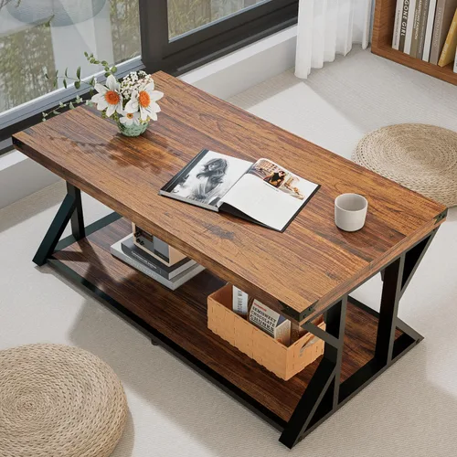 Vista 8 de Mesa auxiliar industrial de 43 pulgadas, mesa central rectangular de 2 niveles con estante de almacenamiento, mesa de cóctel de madera y metal