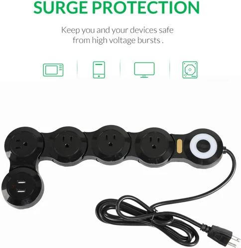 Vista 5 de Cable de alimentación de deformación para enchufe de enchufe grande, regleta de alimentación de enchufe plano con 2 puertos USB y 4 tomas múltiples
