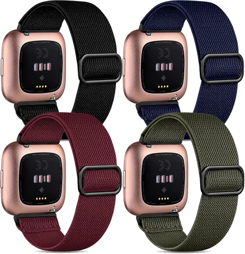 Vista 9 de Paquete de 4 bandas elásticas compatibles con pulseras Fitbit Versa y Versa 2, correas de repuesto elásticas ajustables de nailon suave para mujeres
