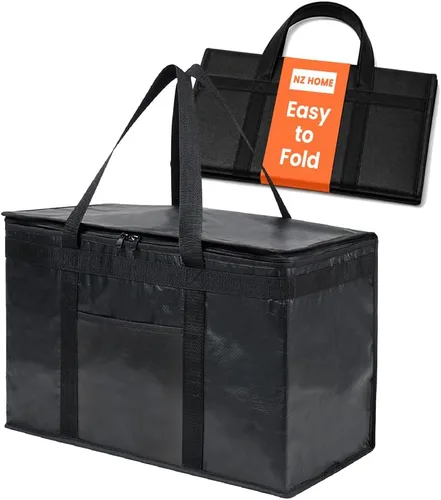 Vista 10 de Bolsa térmica XXL aislada y calentador de alimentos para entrega y compras de comestibles con parte superior con cremallera, color negro