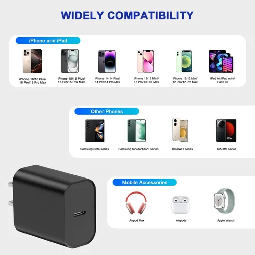 Vista 6 de Paquete de 3 bloques de carga para iPhone 17/16/15, cargador USB C Negro