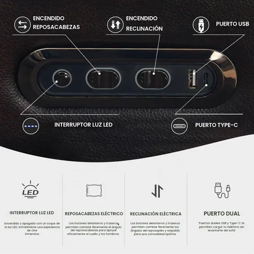 Vista 10 de Sofá biplaza reclinable eléctrico con consola, sofá biplaza reclinable de doble motor con reposacabezas eléctrico/carga inalámbrica/luz