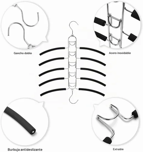 Vista 5 de Nature Smile Paquete de 2 perchas antideslizantes 5 en 1, perchas de metal mágicas que ahorran espacio, perchero de ropa de armario de varias capas