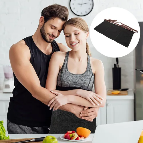 Vista 2 de Delantal de cintura con 3 bolsillos, delantal de camarera de mezclilla para mujeres y hombres, medio delantal para camarero comercial, con correas