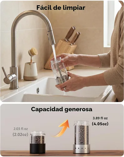Vista 5 de TOMEEM Juego de molinillo eléctrico recargable de sal y pimienta, molinillo de pimienta automático de acero inoxidable de gran capacidad de 3.9 fl