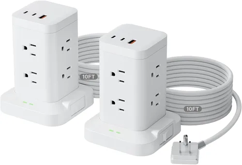 Vista 21 de Torre de regleta de alimentación con protector de sobretensiones de 1800J, torre de carga rápida PD20W puertos USB-C con 12 salidas de CA, cable