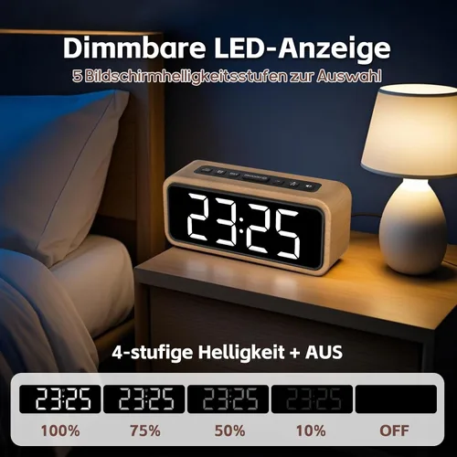Vista 4 de Alarm Clock Loud for Deep Sleepers, Wooden Alarm Clock with LED Display, 12 Alarm Ringtones, 5 Brightness Adjustable, 5 Volumes, Manual DST, Brown