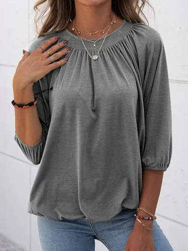Vista 2 de Grlasen Blusa de algodón con cuello redondo para mujer, manga 34, casual, holgada, básica, plisada