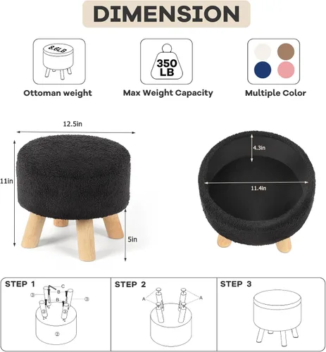 Vista 3 de OGEMXU Reposapiés otomano, otomana redonda pequeña con almacenamiento, taburete Boucle de terciopelo con patas de madera, otomana de almacenamiento