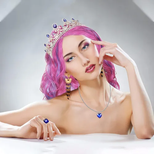 Vista 4 de Conjunto de disfraz de princesa, peluca larga ondulada rosa y azul claro mixta con red para el cabello, corona de princesa azul rey, anillo