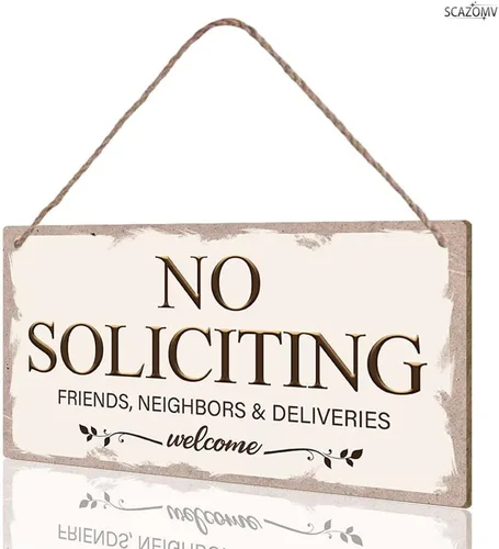Vista 3 de No Soliciting Family Friends Neighbors Deliveries - Cartel de bienvenida divertido de madera rústica para puerta delantera, estilo vintage