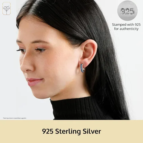 Vista 2 de Aretes de aro de plata de ley 925 con gemas para mujer Aretes de piedra de nacimiento redonda simulada para mujer con postes con bisagra Aretes