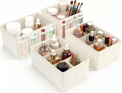 Vista 12 de Contenedores de almacenamiento de cosméticos, organizador de maquillaje, caja de almacenamiento multifunción ajustable, divisor de cajón