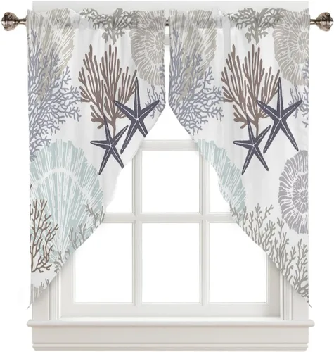 Vista 23 de Cenefa de amarre para ventanas, cortinas náuticas costeras de coral, cenefas con bolsillo para barra, cortinas de ventana con temática de playa