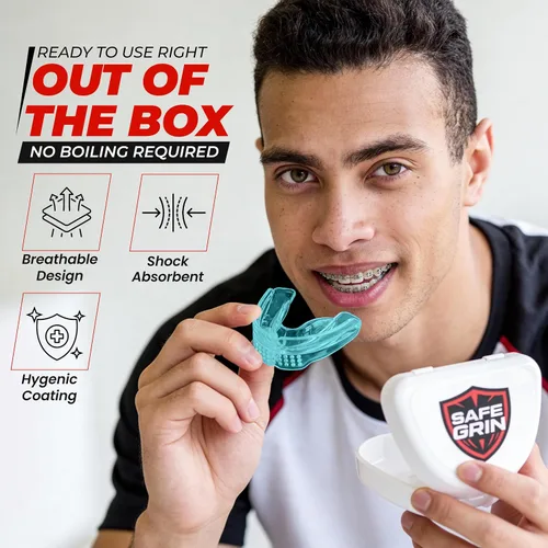 Vista 5 de SafeGrin Protector Bucal Azul para Brackets para Deportes - Silicona Premium para Adolescentes y Jóvenes, Protección de Dientes Superiores e