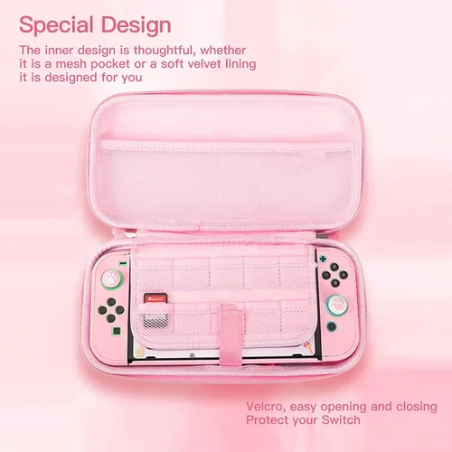 Vista 4 de HLRAO Bolsa rosa compatible con Nintendo Switch carcasa dura Sakura bolsa de almacenamiento portátil sólida a prueba de golpes con protector