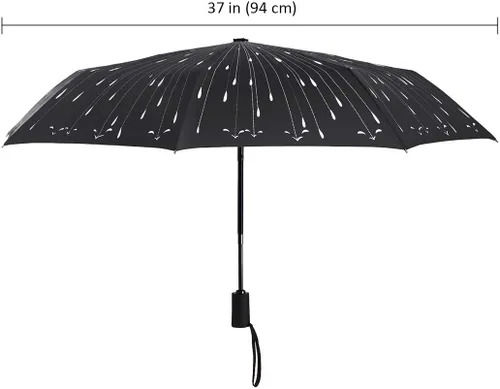 Vista 3 de YumSur Paraguas de viaje automático compacto, paraguas plegable resistente al viento con diseño de gotas de lluvia impresas, cierre de apertura