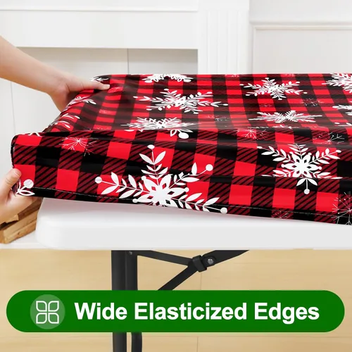 Vista 2 de Smiry Mantel de Navidad de plástico, a cuadros, impermeable, elástico, ajustable, mantel de vinilo con parte trasera de franela lavable para cena
