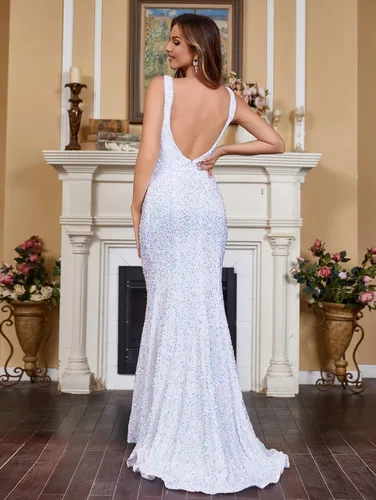 Vista 2 de Vestidos de fiesta de lentejuelas brillantes, largos y profundos con cuello en V sexy, vestidos de cóctel formales de sirena para mujer, sin espalda