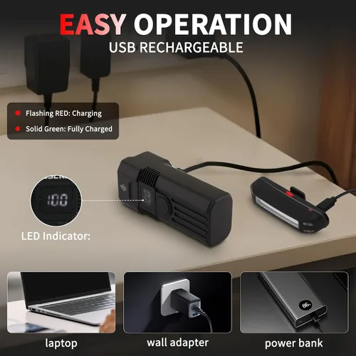 Vista 11 de Bike Light for Night Riding, 2000LM/1000LM Bicycle Headlight & Taillight, Multiple Modes,3000mAh/2000mAh USB C Rechargeable Waterproof LED Bright