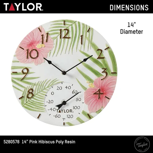 Vista 4 de Taylor Reloj y termómetro de poliresina de hibisco rosa para interiores y exteriores, decoración del hogar para jardín, patio, piscina y áreas